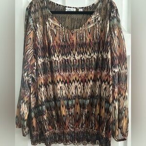 AVENUE V-neckline sheer panel Blouse w/ smocked elastic hem & Rhinestone detail